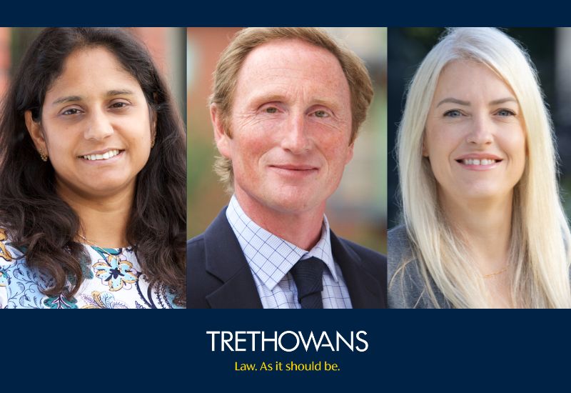 Mihiri Gajraj, Marcus Thorpe and Halina Mitchell Portraits with Trethowans logo beneath