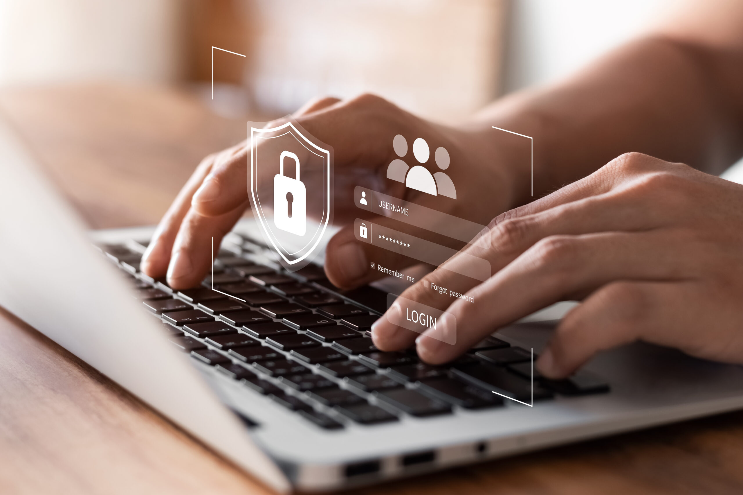 Cybersecurity and privacy concepts to protect data. Lock icon and internet network security technology. Businessmen protecting personal data on Laptop