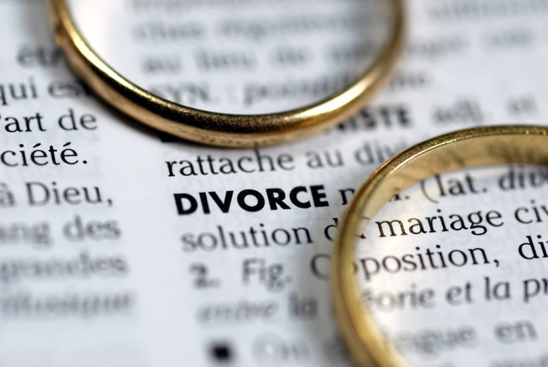 Divorce written in dictionary with rings placed on top