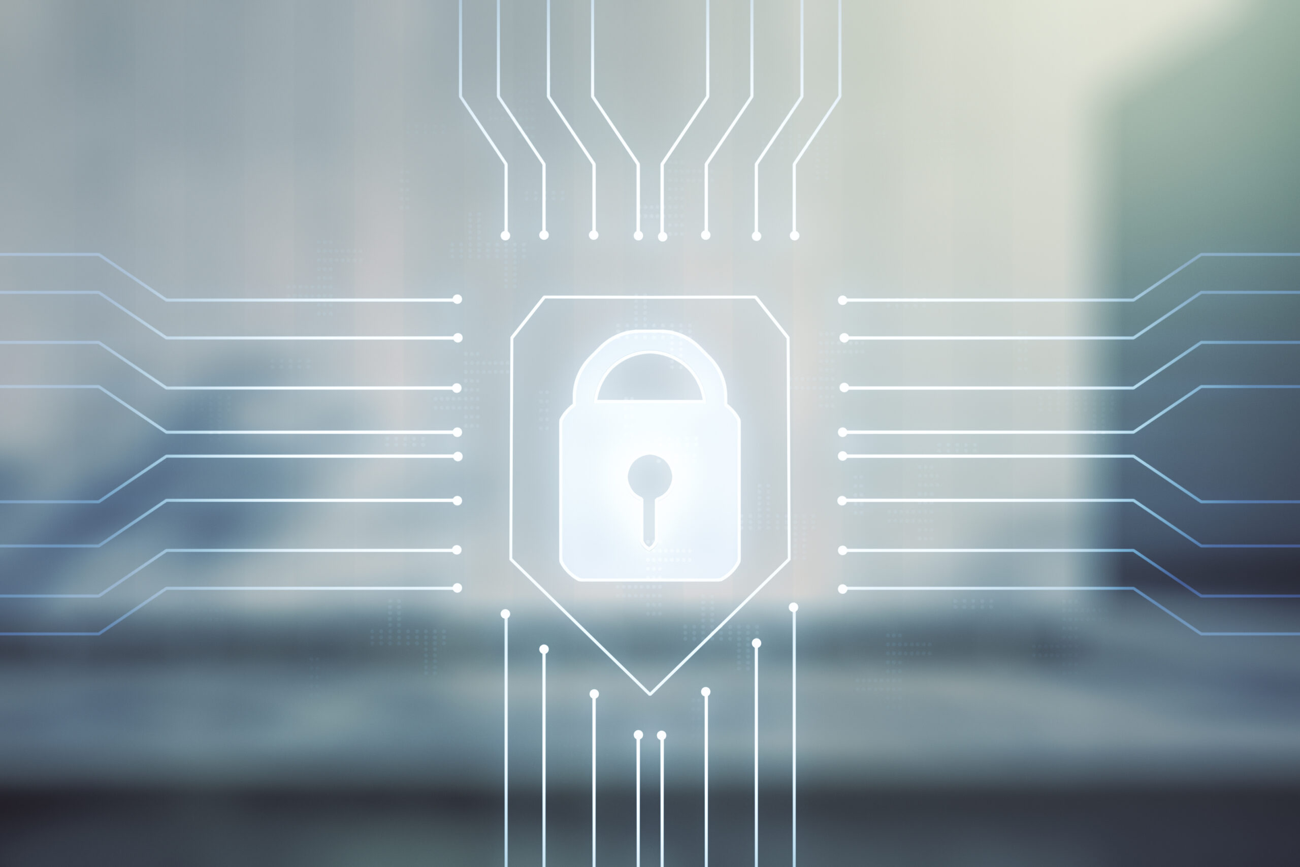 Virtual creative lock illustration with microcircuit on blurry contemporary office building background, cyber security