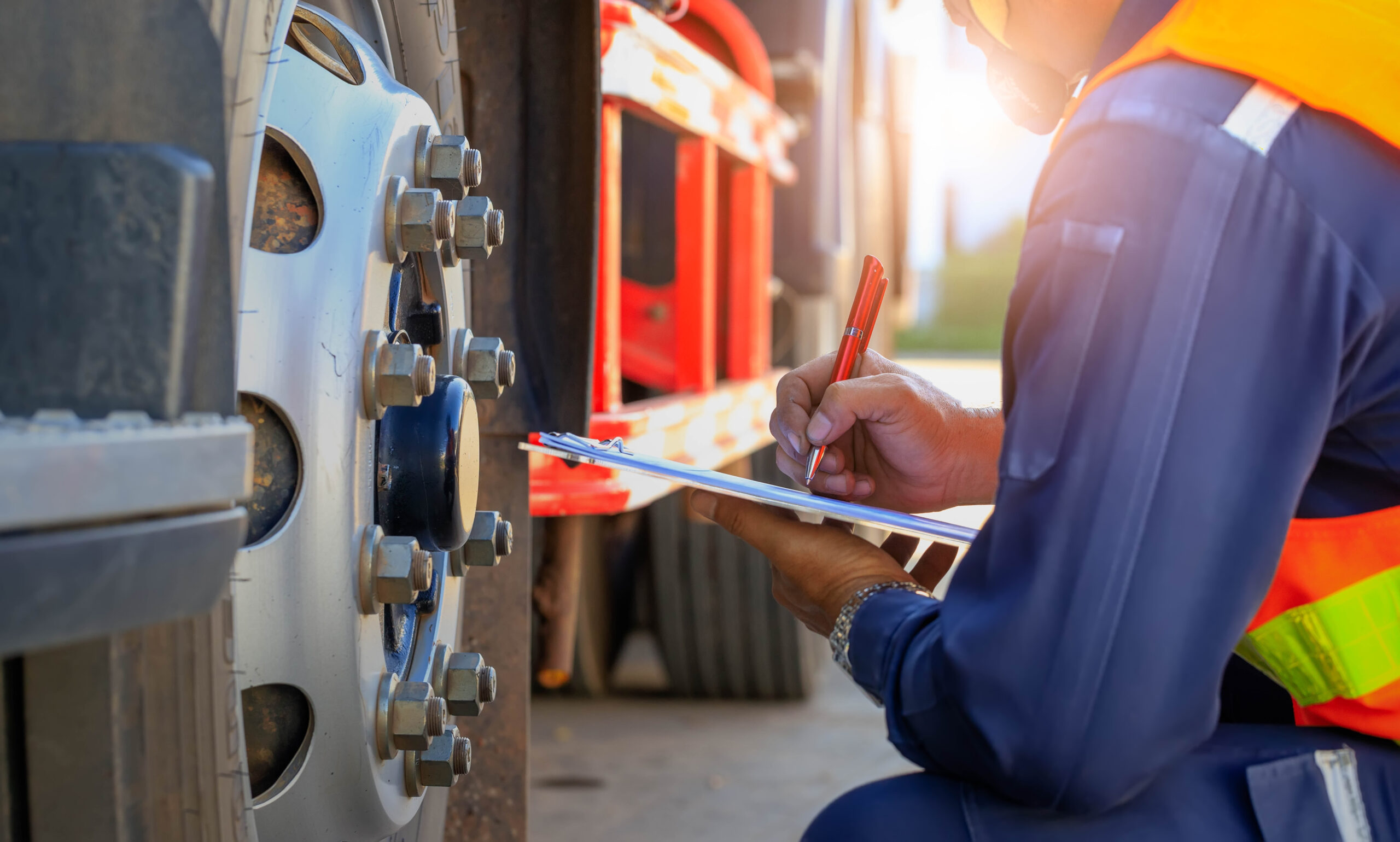 Men looking at tyre and making notes on clipboard