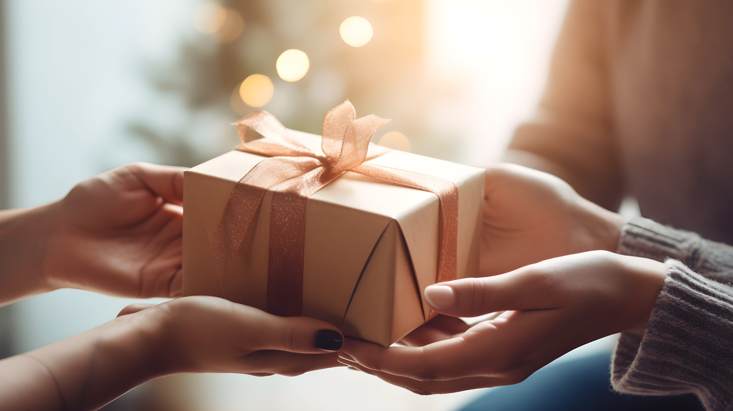 Hand giving the gift box in the family thanksgiving