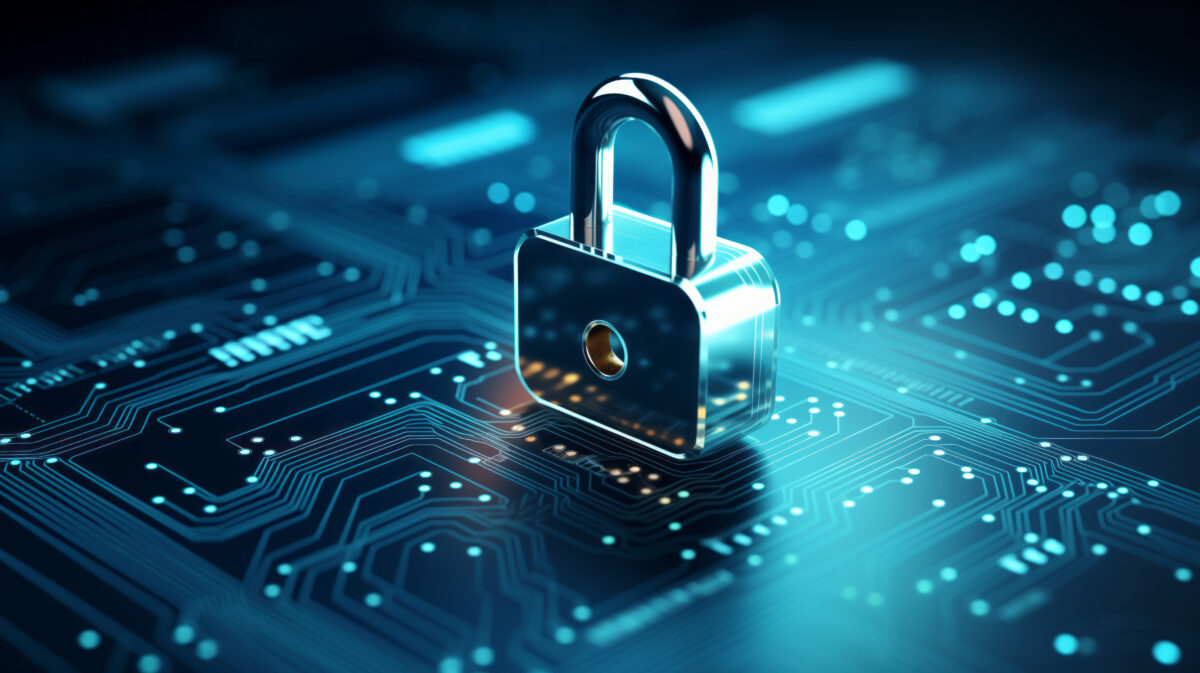 Digital padlock for computing system on dark blue background, cyber security technology for fraud