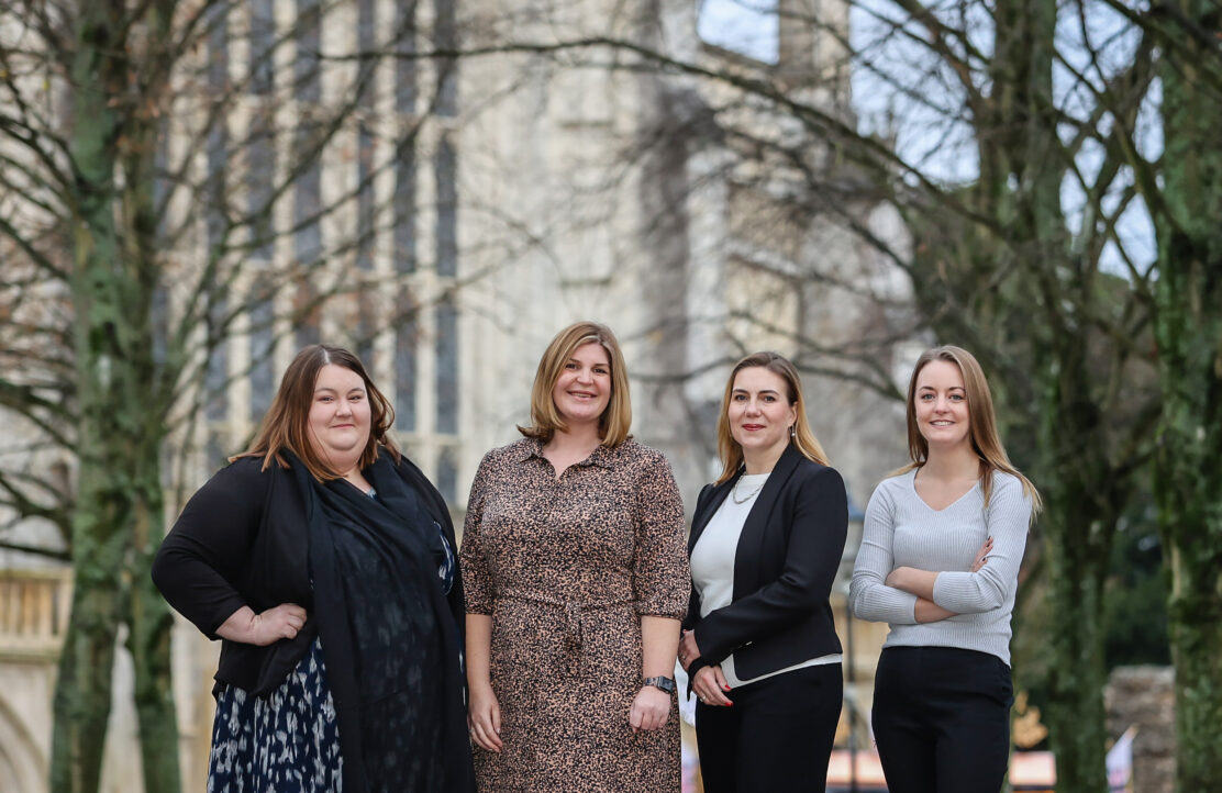 Charlotte Withers-West, Laura Bell, Leyla Whitlingum and Lorna Secker outside Winchester Cathedral