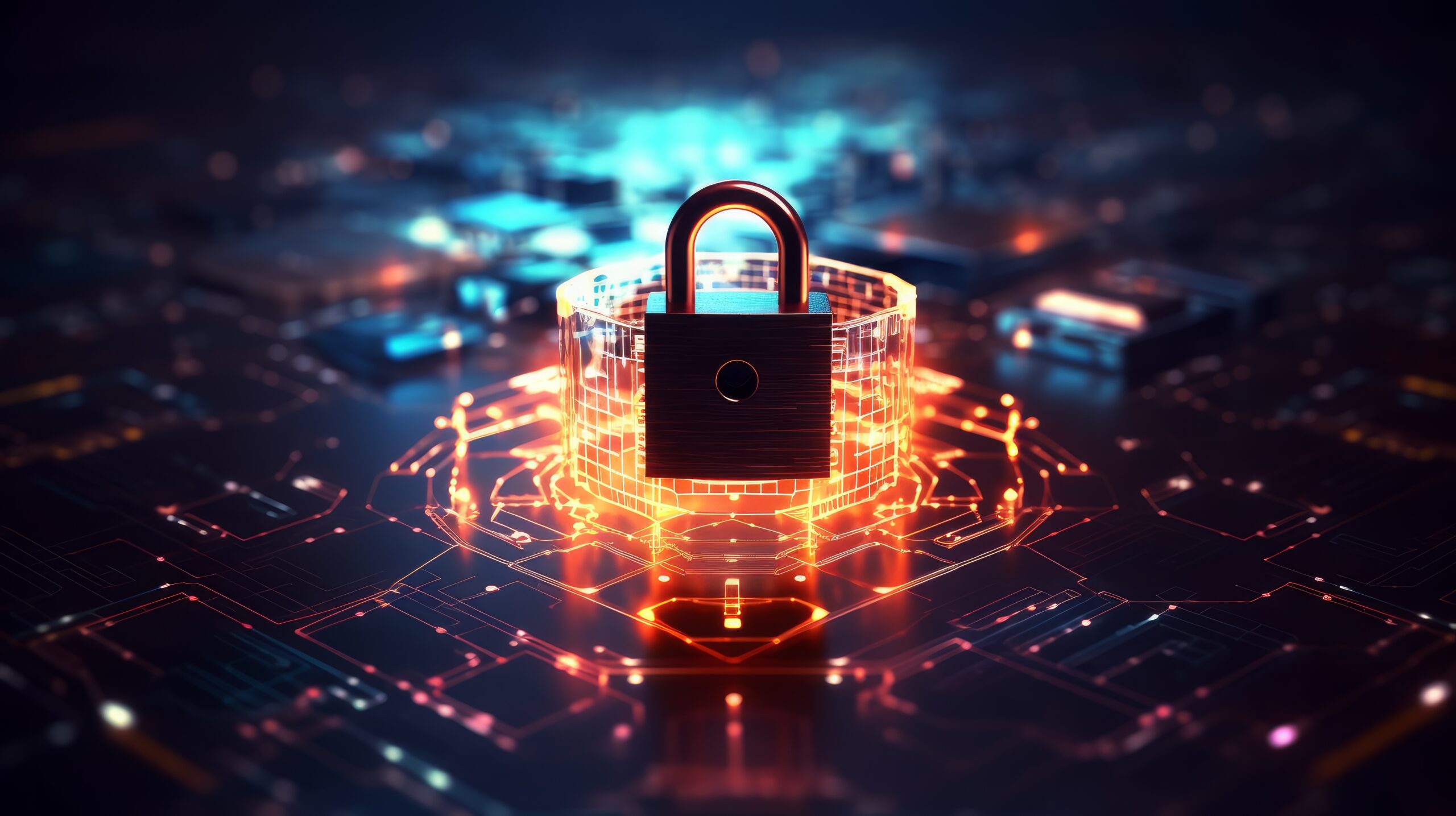 Cybersecurity and data protection concept with padlock and coding