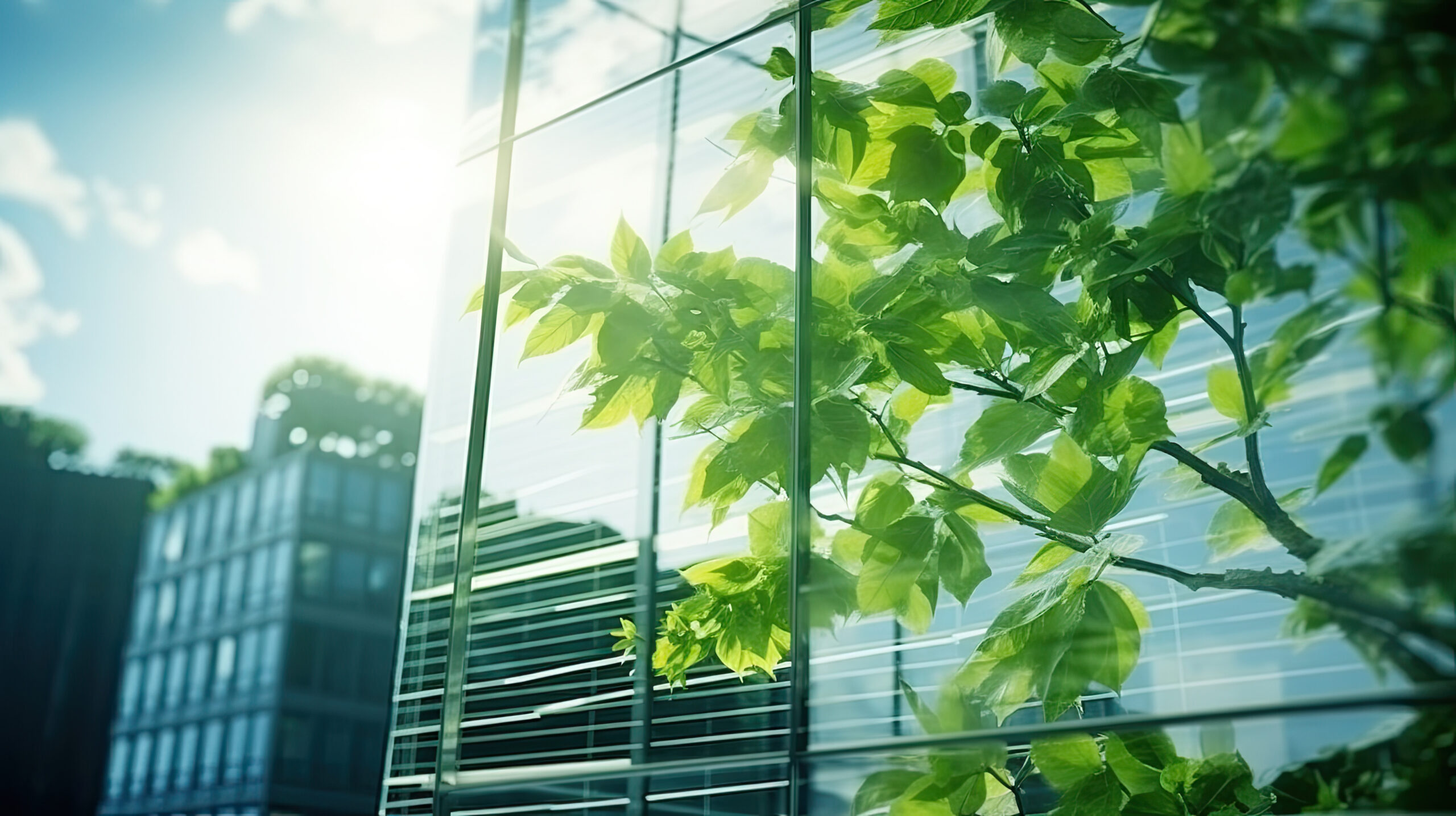 Modern office building with green leaves. Bottom view of modern office building with green leaves