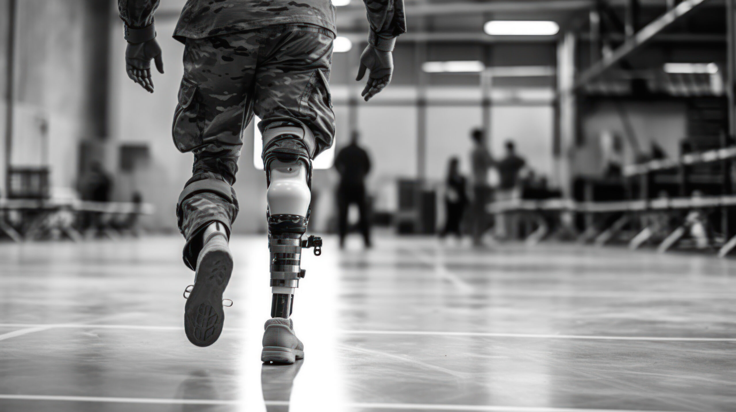 Military man with prosthetic leg walking