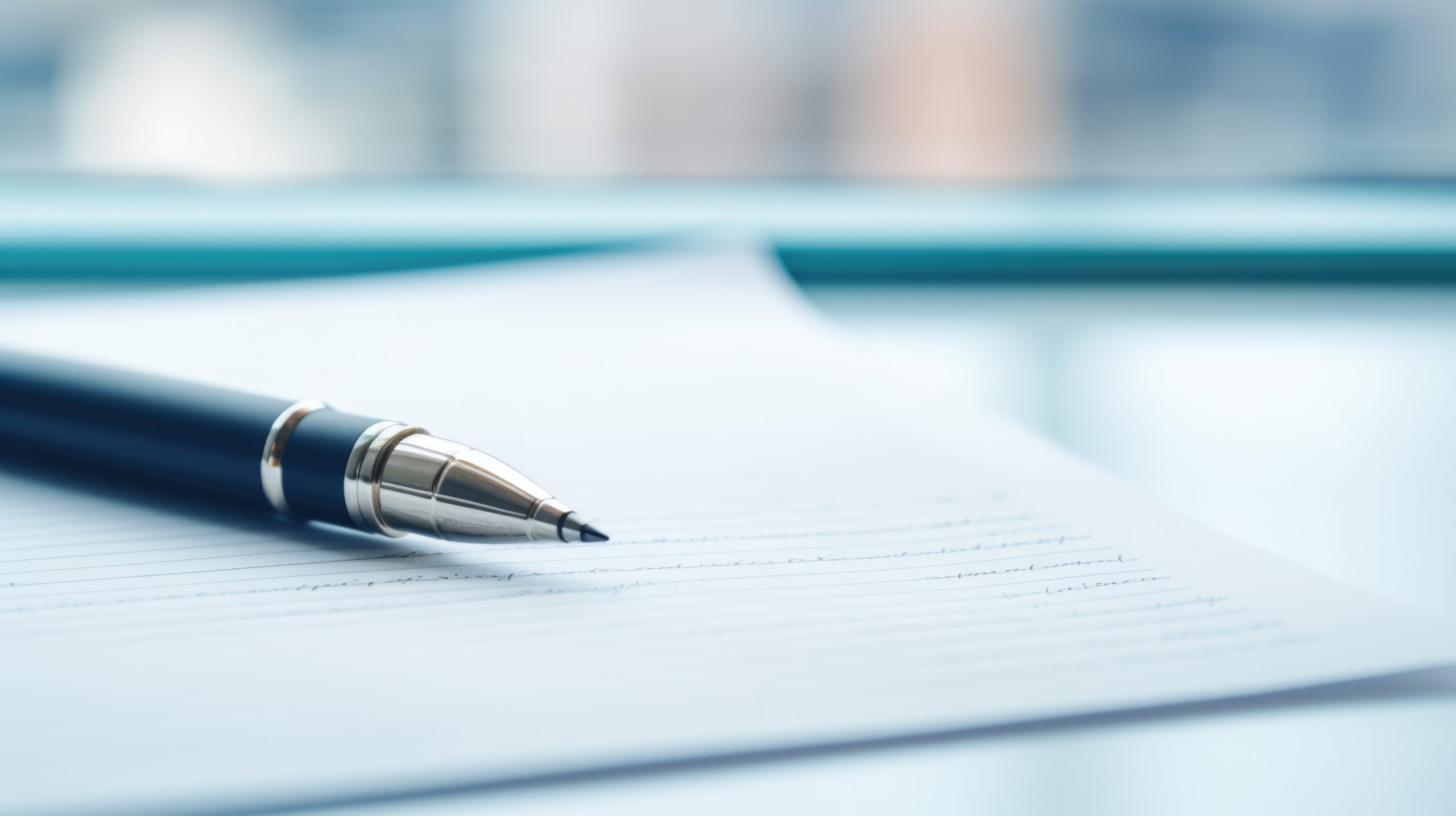 Pen lying on a contract or application form, wide angle view.