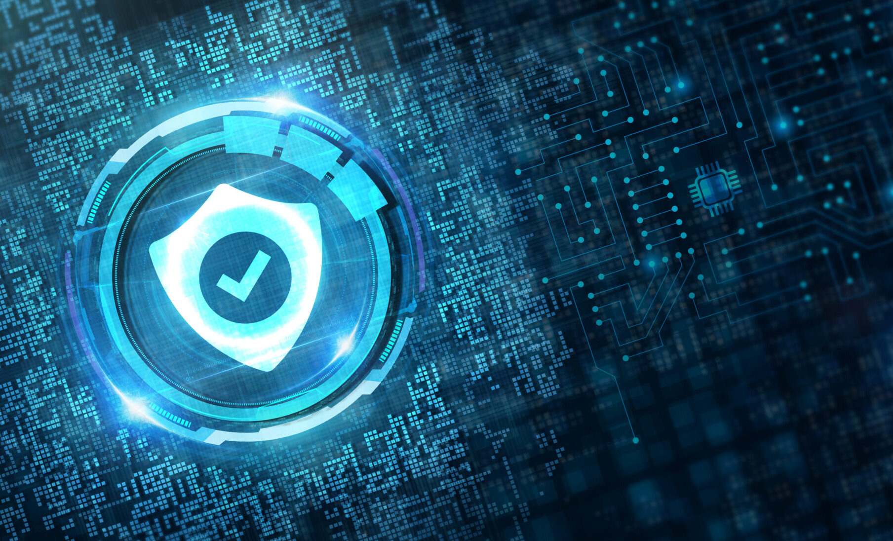 Cyber security data protection business technology privacy concept. Young businessman select the icon security on the virtual display.