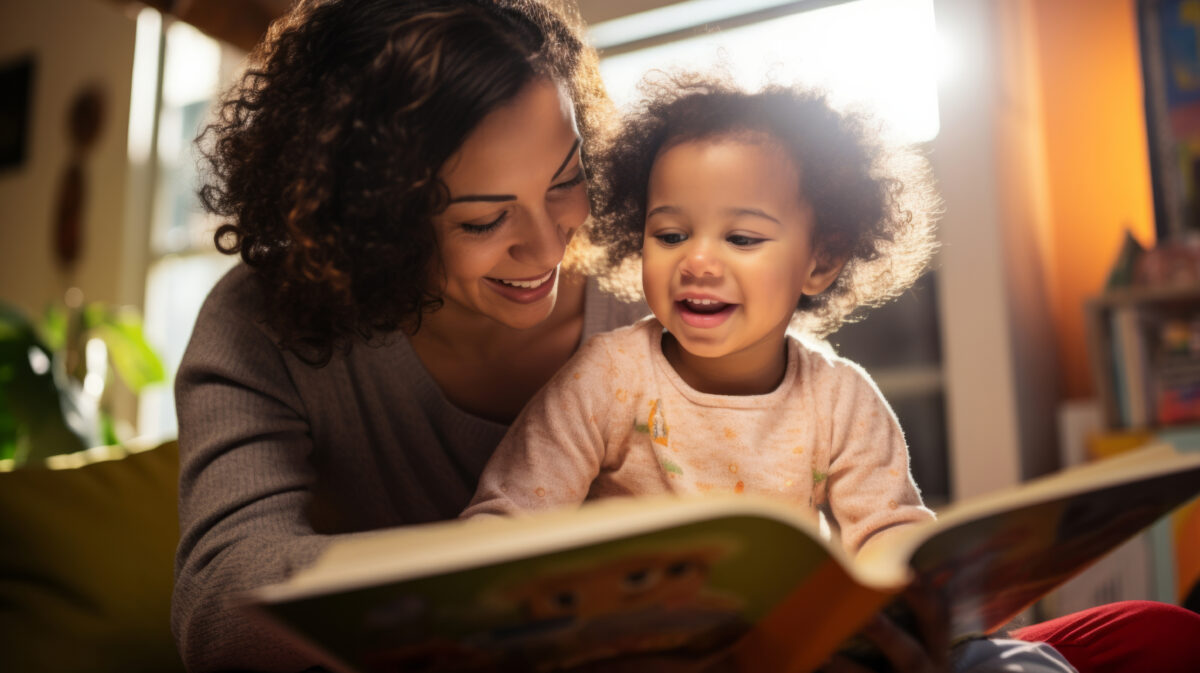 Young mother reading a book to her daughter. Parent bonding and learning with toddler.