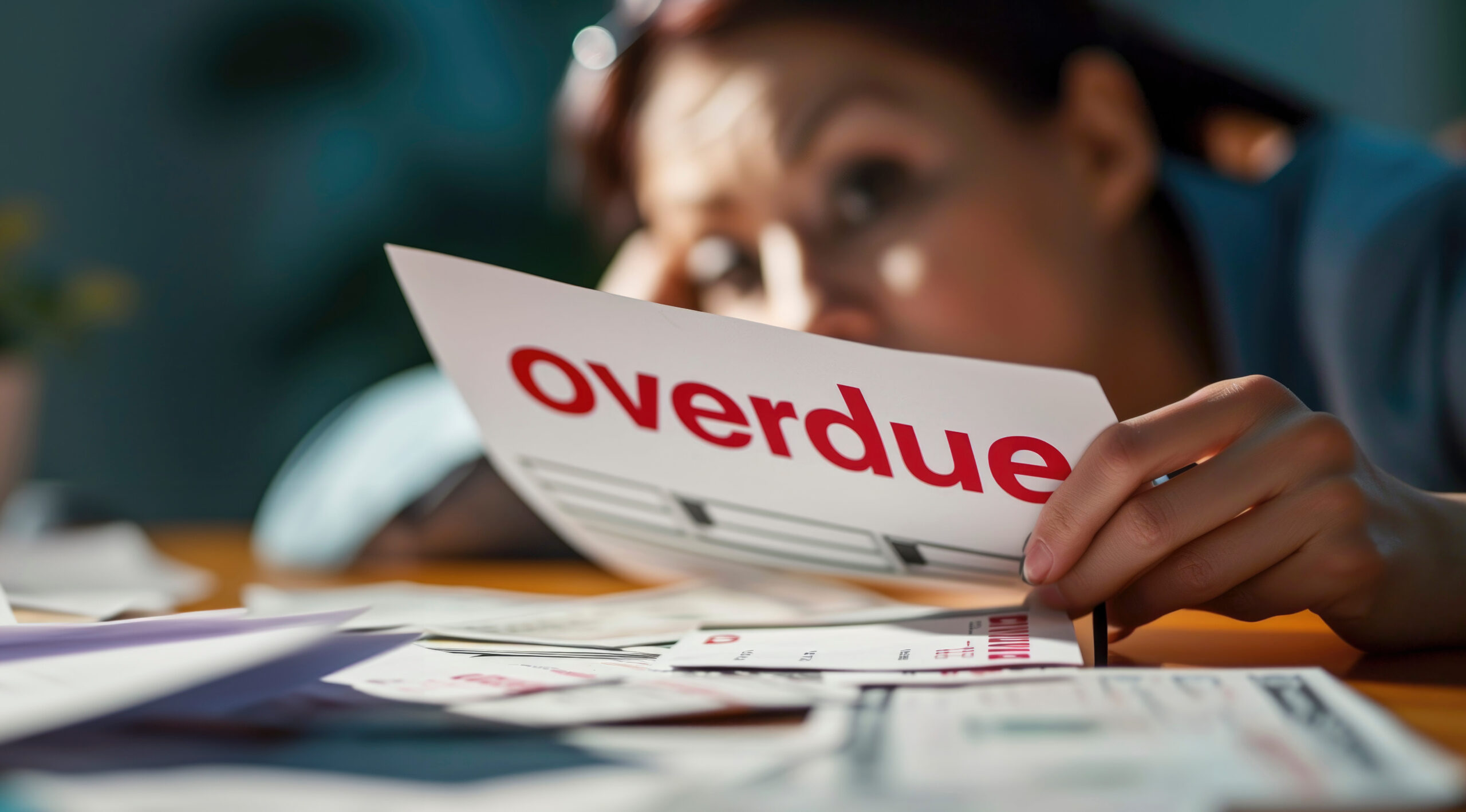 A worried person looks at a small pile of growing invoices, reading 