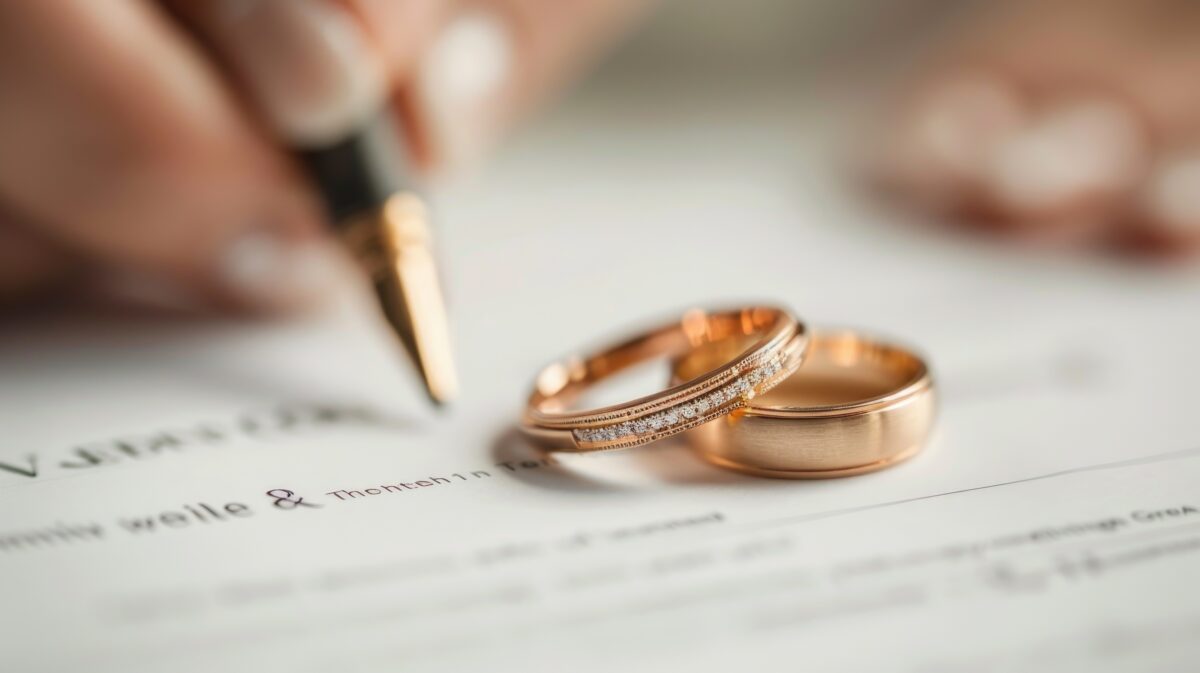 Close-up of a couples hands as they sign a marriage certificate, a symbol of their promise and the start of a new chapter together. Marriage contract. Marriage contract. Prenuptial agreement