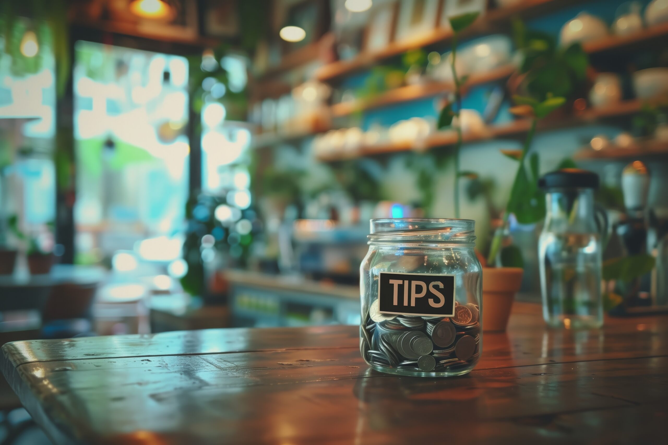 Glass Jar Filled with Coins Labeled 'Tips' on Cafe Counter with Plants in Background
