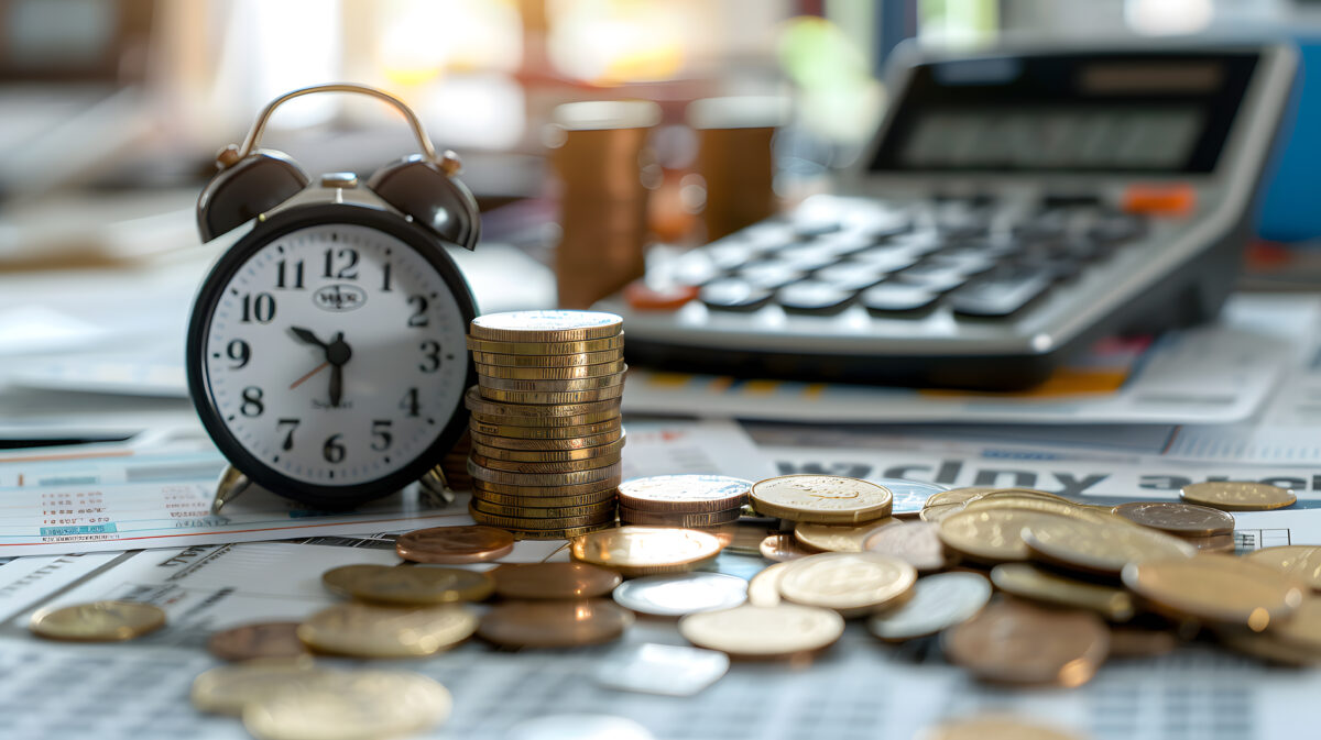 Image of calculator, money and clock