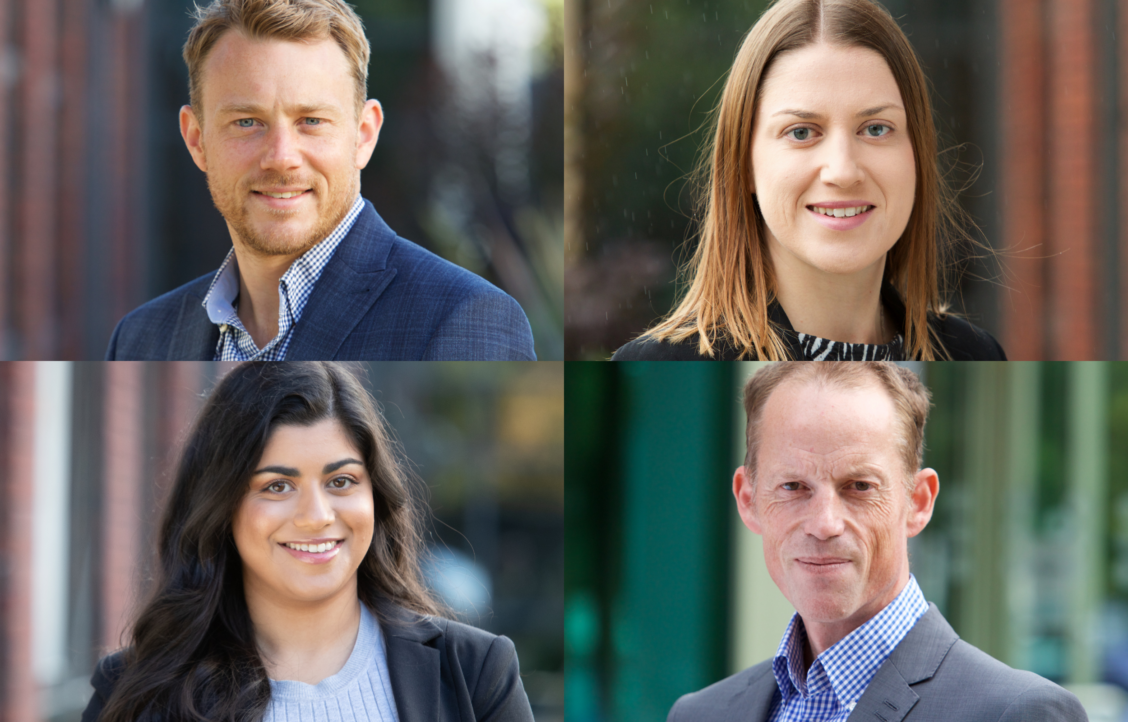 Portrait images of Jamie Earley, Louise Thompson, Amrita Sangha and David Jones
