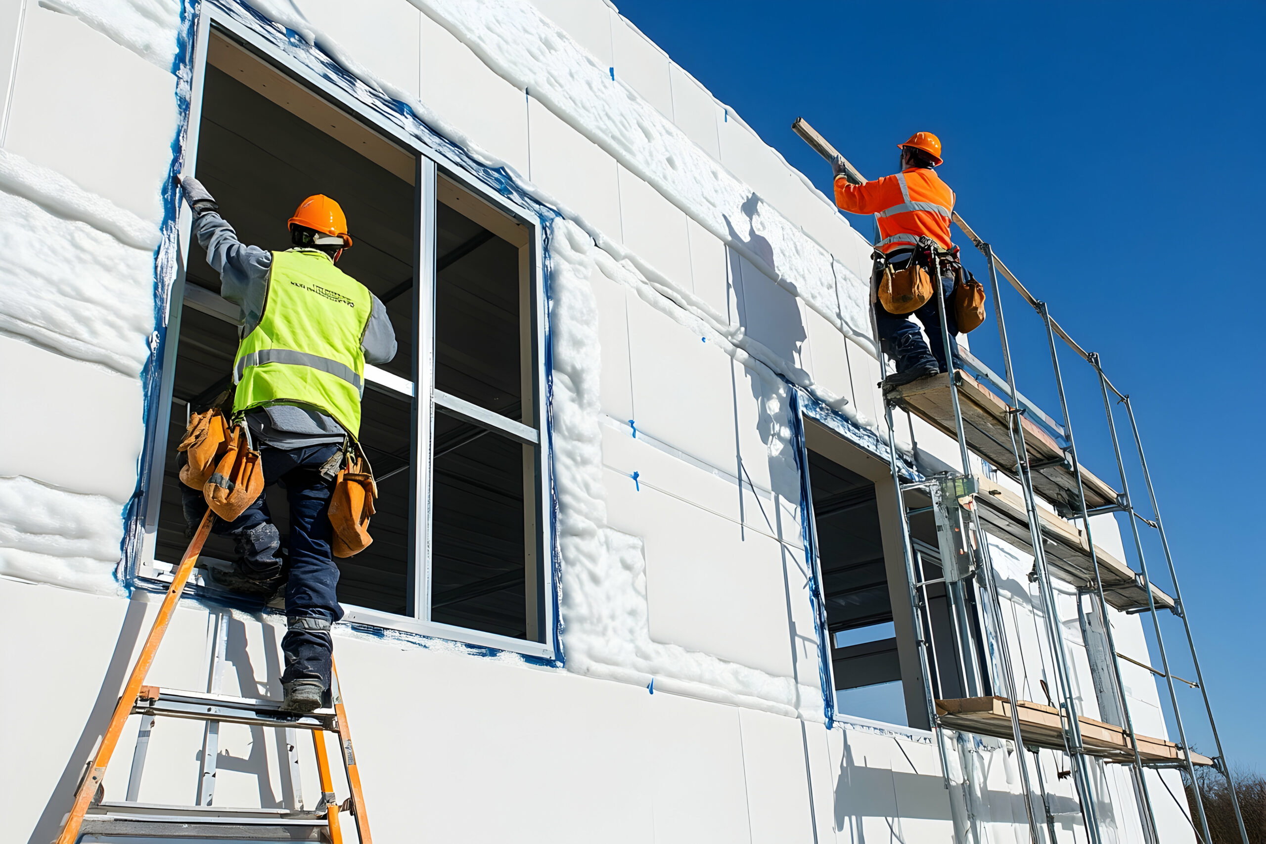 Polystyrene thermal cladding being applied to a construction site for enhanced energy efficiency by construction workers
