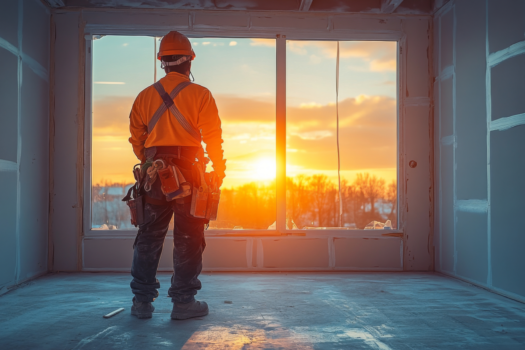 a construction worker looking out the window of a tall building