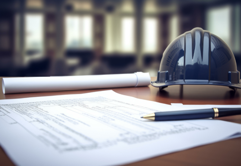 Construction hat with pen and blueprint document