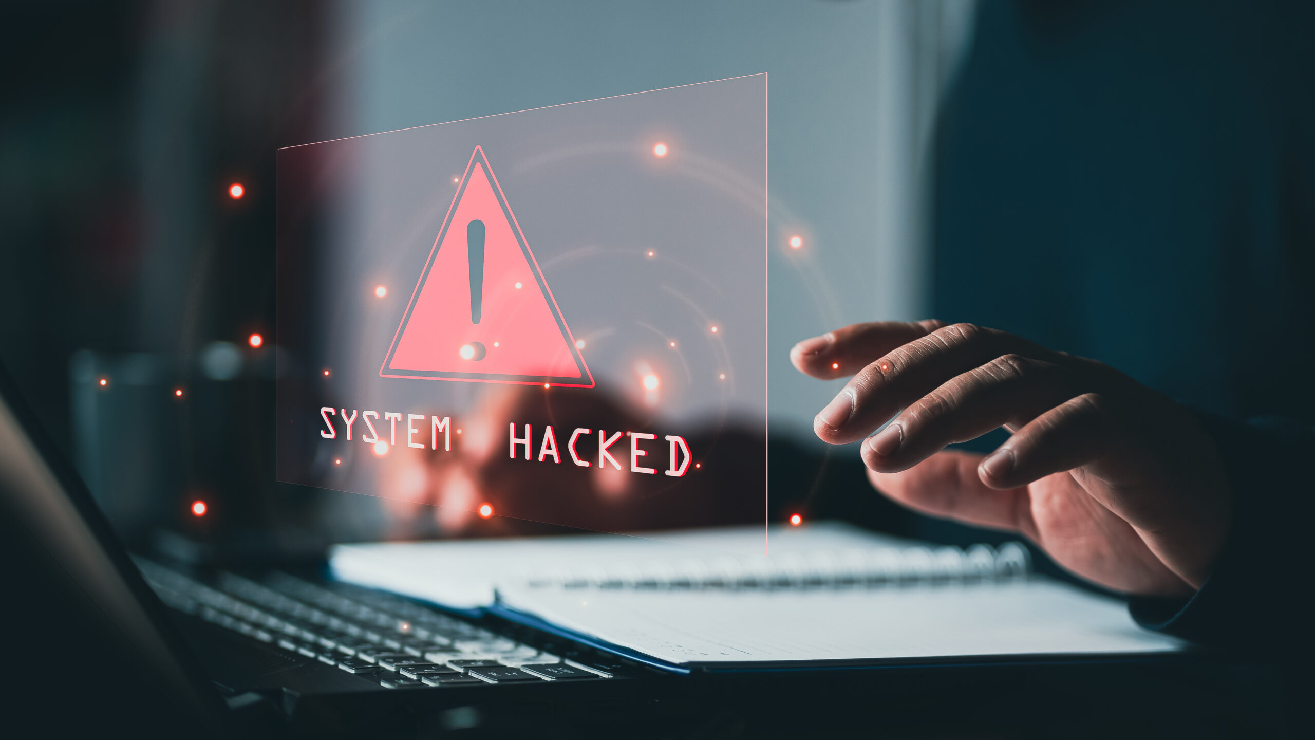 System hacked alert after cyber attack on computer network. compromised information