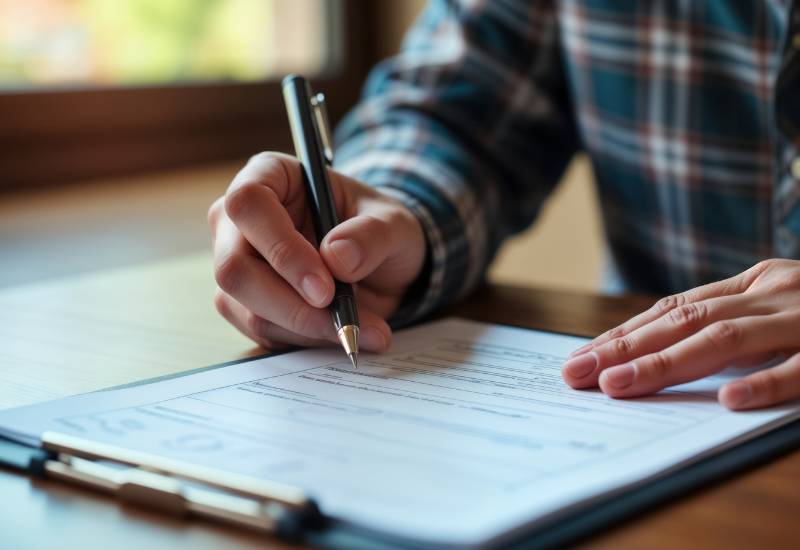 man-in-checker-shirt-writing-clipboard-pen
