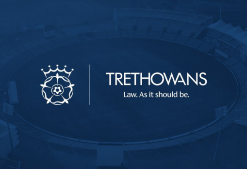 Image shows the Hampshire Cricket logo alongside the Trethowans logo, in light of their 2026 partnership. The background is a blue image of the Utilita Bowl stadium.